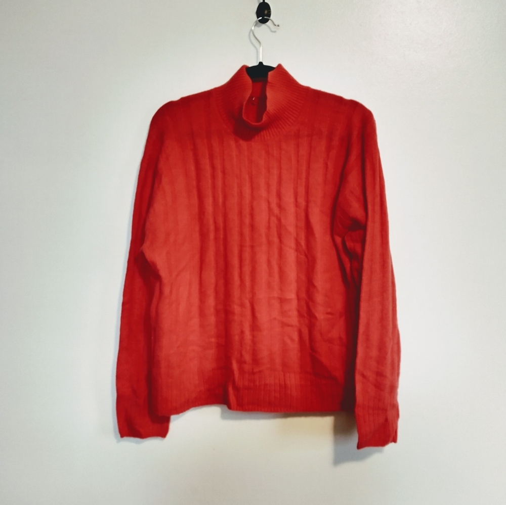 JCrew wool red orange sweater with cable knit front, size tag cutout size large